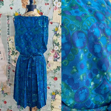 1960s Blue Floral Sleeveless Day Dress with Pleated Skirt. Medium. By Copperhive Vintage. 