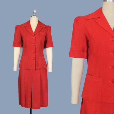 1940s Sportswear Set / 40s Red Cotton Sports Suit / Pleated Skirt and Blouse / Short Sleeve Chore Jacket 