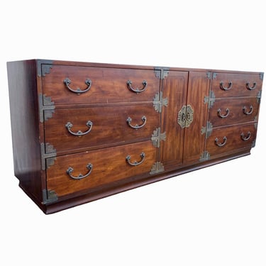 Vintage Chinoiserie Campaign Dresser Project by Henredon Fine Furniture 80" - Hollywood Regency Asian Style Credenza with 9 Drawers 