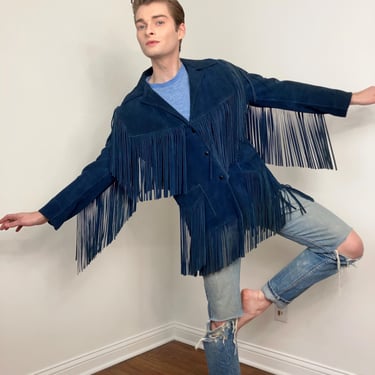 Late 60s blue suede fringe jacket by J BAR C Western 