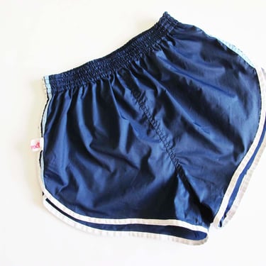 Vintage Nylon Running Shorts S M - 1980s Navy Blue White Stripe Sports Athletic Dolphin Soccer Shorts - High Cut - Elastic Waist 