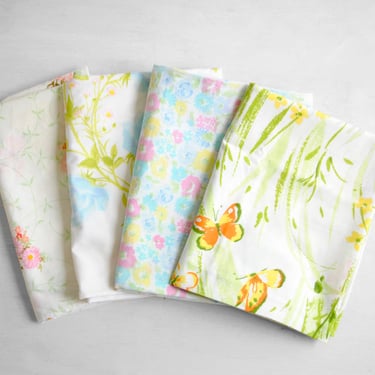 Vintage Set of Four Floral Pillow Cases, Standard Sized Mid Century Cotton Pillow Covers 