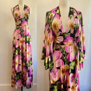 Vintage 70s Halter Dress Loungewear / Palazzo Pant Jumpsuit + Jacket / Deep V-Neck + Backless / Floral Nylon / VANITY FAIR / XS / Fabulous 