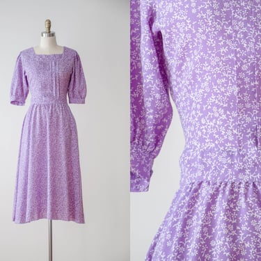 cute cottagecore dress | 80s 90s vintage pastel lavender light purple floral fit and flare midi dress 