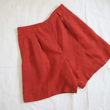 Vintage 90s Rust Red Linen Shorts 30 M - 1990s High Waist Pleated Long Mom Shorts Liz Claiborne - Earth Tone Minimalist Style 