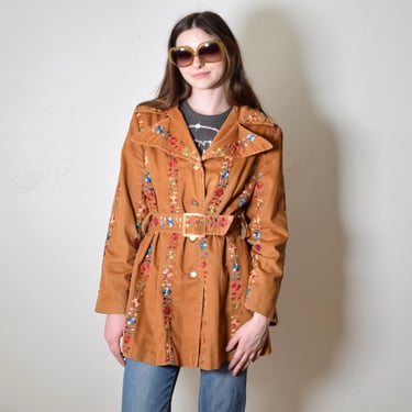 Vintage 1960s Amber Velvet Floral EMBROIDERY Belted BOHEMIAN Hippie Trench Mod Jacket Coat M 