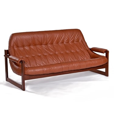 Percival Lafer Leather and Rosewood Earth Sofa Brazilian Modern Scoop Sofa 