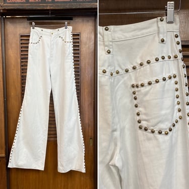 Vintage 1960’s w26 White Studded Cotton Denim Glam Mod Disco, Roncelli, Flare Jeans Pants, 60’s Vintage Clothing 