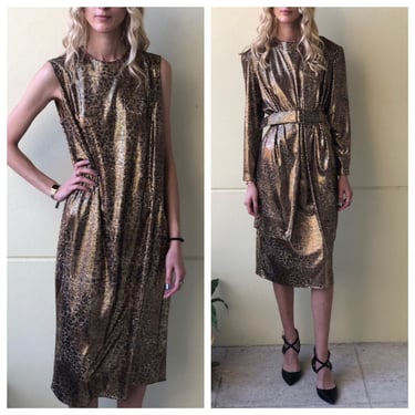 1990's Metallic Dress / Gold Spotted Leopard Printed Dress / Avant Garde Open Blouse / Liquid Gold & Silver Lame' jacket / Shoulder Pads 