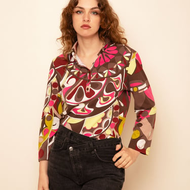 Vintage Emilio Pucci Y2K Geometric Floral Print Cotton Collared Top Button Up sz XS S Abstract 60s Style Pink Purple Green 