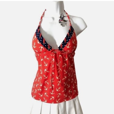 80s sperry anchor print tankini top, vtg halter navy red small 