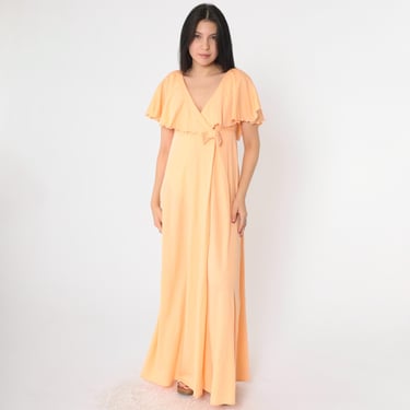 70s Flutter Sleeve Party Dress Peach Orange Capelet Grecian Maxi Dress 1970s Boho Empire Waist Gown Deep V Neck Formal A-line Draped Medium 