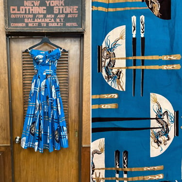 Vintage 1950’s Shaheen Cotton Tiki Asian Dragon Hawaiian Dress, Alfred Shaheen, 1950’s Hawaiian Dress, Tiki Dress, Cotton , Novelty Print 