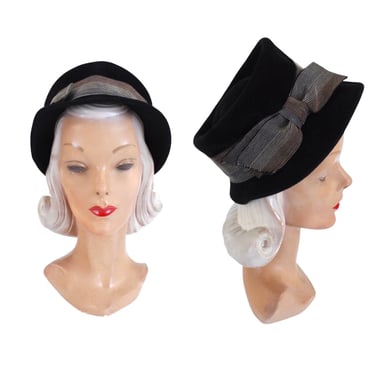 1960s Black Velour Bonnet Hat - 1960s Black Fedora - Vintage Womens Fedora - Vintage Black Velour Hat - 1960s Womens Hat - 1960s Black Hat 