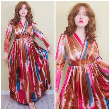 1980s Nylon Brown and Pink Striped Wrap Front Maxi Dress / 80s Tie Waist Brush Stroke Knit Gown / Size Medium - Large 