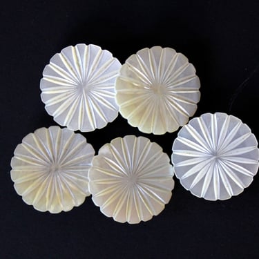 Set of 5 19th Century Carved Mother of Pearl Sunburst Buttons - Antique Matching - 1” 
