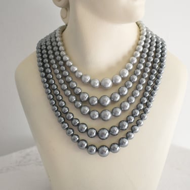 1950s Gray Faux Pearl Five Strand Necklace 