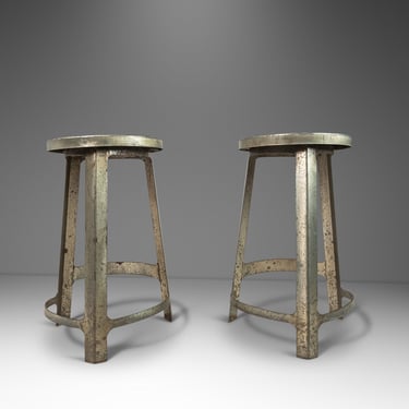 Set of Two (2) French Hammered Solid Aluminum Industrial Counter Height Bar Stools, France, c. 1970's 
