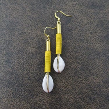 Cowrie shell and yellow beaded earrings 