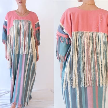 Vintage 80s Opus 1 Diana Martin Pastel Colorblock Striped Tassel Muu Muu w/ Silky Fringe | Made in Mexico | 1980s Bohemian Caftan Dress 