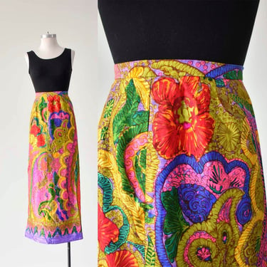 Vintage Trippy 1970s Maxi Skirt / Floral Maxi Skirt / Full Long Vintage Skirt / Floral 1970s Boho Skirt / Formal 1970s Long Skirt 