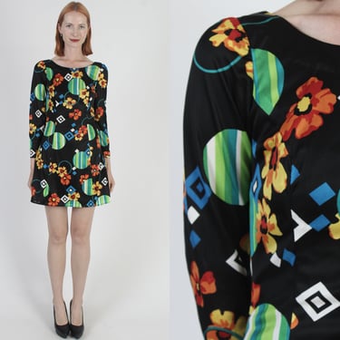 70s Neon Print Micro Mini Dress, Geometric Short Black Frock, Vintage Floral Mod Scooter Disco Dress 