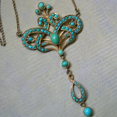 Antique Art Nouveau Gold Filled Persian Turquoise Lavaliere Necklace, Old Turquoise Lavaliere Necklace, Antique Turquoise Necklace (4188) 