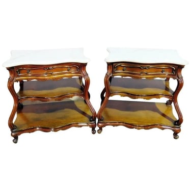 Pair Marble Top French Bombe Form End Tables Night Stands in Manner of Auffray