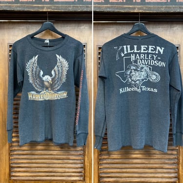 Vintage 1980’s Harley Davidson Motorcycle Dealership MC Dealer Thermal Tee, 80’s Waffle Thermal, 80’s T Shirt, Vintage Clothing 