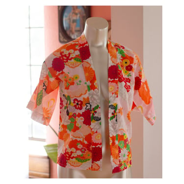 Vintage Kimono Top - Japanese - Retro - Floral - Made in Japan - Orange, Pink, Summer - 1970s 