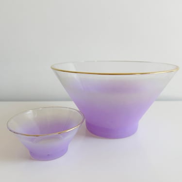 Blendo Orchid, Orange Frosted Chip & Dip Party Bowls with Metallic Gold Rims Mid Century Modern West Virginia Glass Company Vintage 1960s 