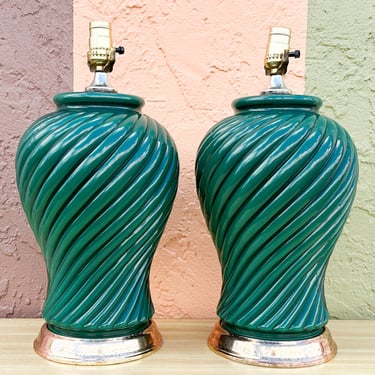 Pair of Gorg Green Swirl Lamps