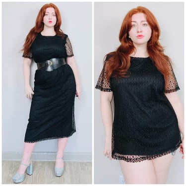1980s Vintage ISB Black Lace Skirt Set / 80s Poly Crochet Tunic and Goth Elastic Wiggle Skirt / Size 1X 