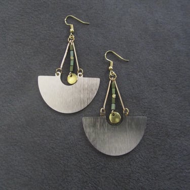 Large gold and green hematite mid century modern Brutalist earrings 
