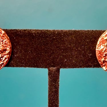 Textured Copper Turquoise Inlay Clip On Earrings Vintage Retro 