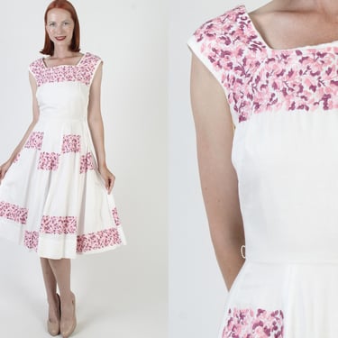 White Cotton 50s Dress, Pink Floral Embroidery, Vintage Full Skirt, Rockabilly Bombshell Sundress 