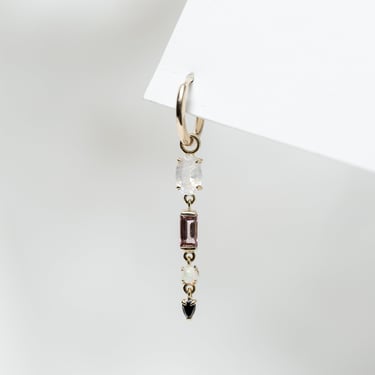 Single 9K Gold Moonstone, Pink Tourmaline, Opal and Black Diamond Long Claw Droplet Plaque Round Clicker Hoop