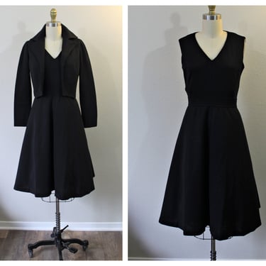 Vintage 1950s 60s Joseph Magnin Black Wool knit two piece fit and flare dress and bolero jacket // Modern US 4 6 small 