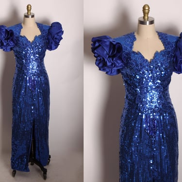 1980s Blue Sequin Ruffle Short Sleeve Full Length Leg Split Back Beaded Fringe Formal Prom Dress by Alyce Designs -M 
