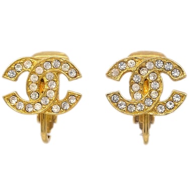 Chanel Gold CC Earrings Rhinestone Clip-On 2092