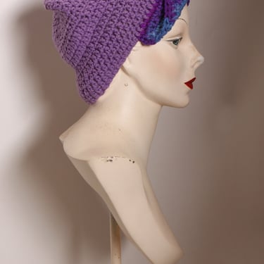 1970s Purple Flip Up Bill Handmade Crochet Winter Stocking Cap Hat 