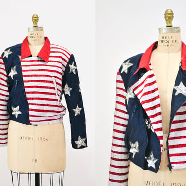 90s Vintage Sequin Jacket American Flag USA Large Modi// Vintage Sequin Moto Jacket Stars Stripes USA America Olympics Star Sequin Jacket 