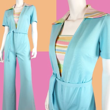 1970s pastel belted jumpsuit. Flirty blue with rainbow striped sherbet! One piece wide leg pointy collar zip up. Groovy sweet. (Size S) 