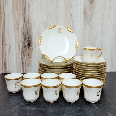 Jean Pouyat Limoges Monogrammed Bone China Dessert Plates and Demitasse Cups - Set of 8 