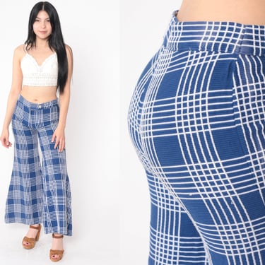 Checkered Bell Bottom Trousers 70s Hip Huggers Dark Blue Plaid Pants Hippie Boho Hiphuggers Low Rise Flared Bohemian Hipster 1970s Small 