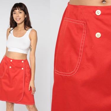 Mod Mini Skirt 70s Red Wrap Skirt Nautical A-line Skirt Pocket Skirt High Waisted 1970s Preppy Retro Vintage Large 32 