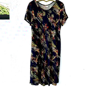 Vintage 90s does 50s Hawaiian Graphic Floral Dress Hawaii Tropical Lei Kamehameha 1990s Bias Cut Dress 