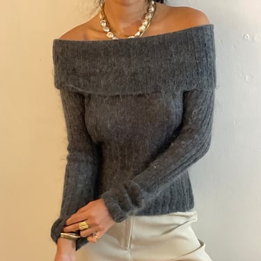 90s mohair off shoulder sweater / vintage gray kid mohair fuzzy cowl neck off shoulder ribbed knit date night capsule wardrobe sweater | S 