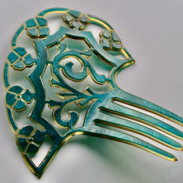 Art Deco Asymmetric Moiré Teal Celluloid Hair Comb 