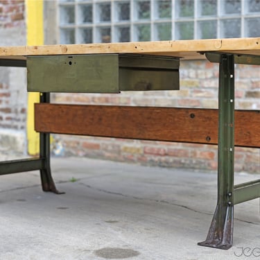 restored vintage industrial workbench—thick top on Hallowell legs with steel drawer by Lyons 